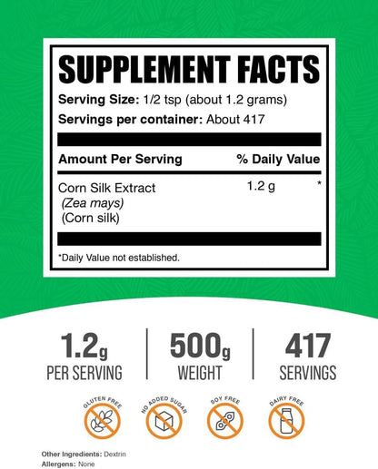 BulkSupplements Corn Silk Extract Powder - Corn Silk Supplement, Zea Mays Extract - Vegan & Gluten-free, 1.2g per Serving, 500g (Pack of 1)