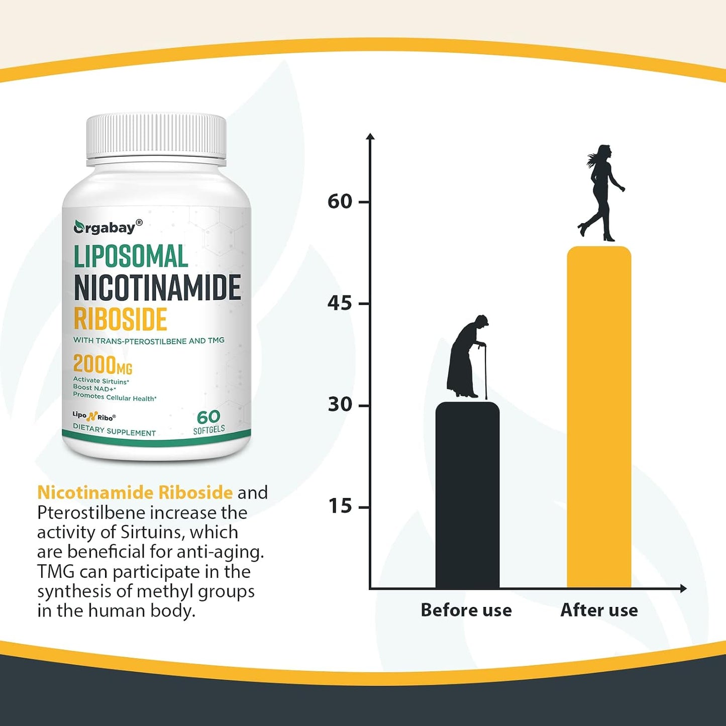 Orgabay Liposomal Nicotinamide Riboside 2000 mg with TMG and Pterostilbene, Boosting NAD+, Support Healthy Ageing, 120 Count - görsel 7