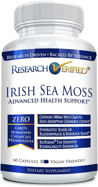 Research Verified Irish Sea Moss - Bladderwrack, Burdock, BioPerine - Rich in Prebiotics - Supports Immunity & Digestion - 180 Capsules - Vegan - Made in the USA