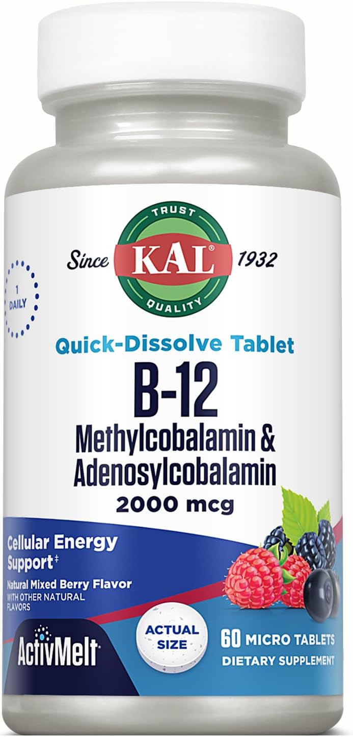 KAL Vitamin B12 Methylcobalamin & Adenosylcobalamin 2000 µg ActivMelt - Mixed Berry, 60 Micro Tablets - görsel 1