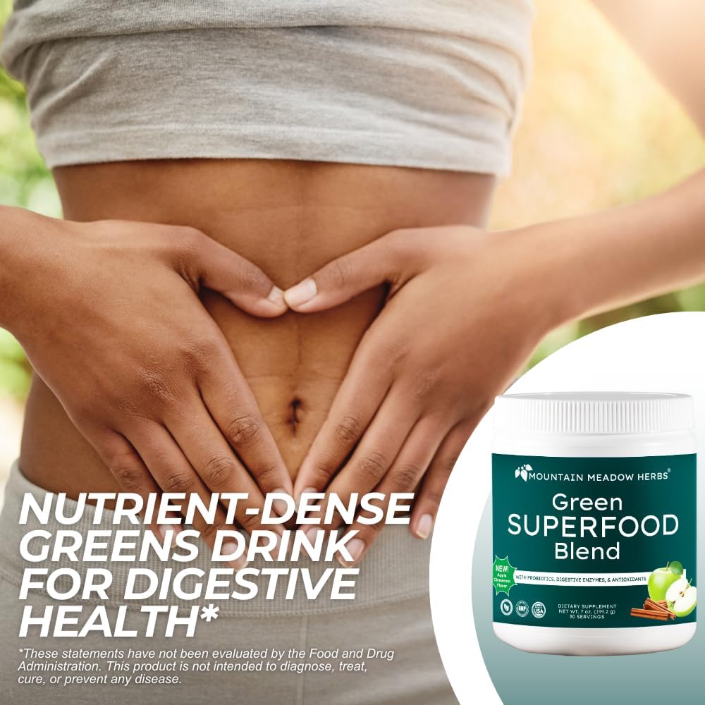 Mountain Meadow Herbs Green Superfood Blend – Organic Greens Powder with Spirulina, Chlorella, Probiotics & Digestive Enzymes – Apple Cinnamon Flavour – 30 Servings - görsel 3