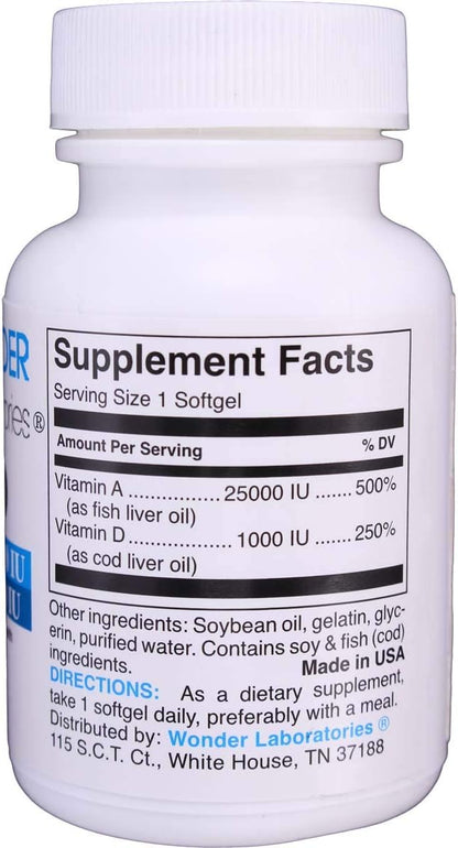 Wonder Laboratories Vitamin A 25,000 IU from Cod Liver Oil + Vitamin D3 1,000 IU