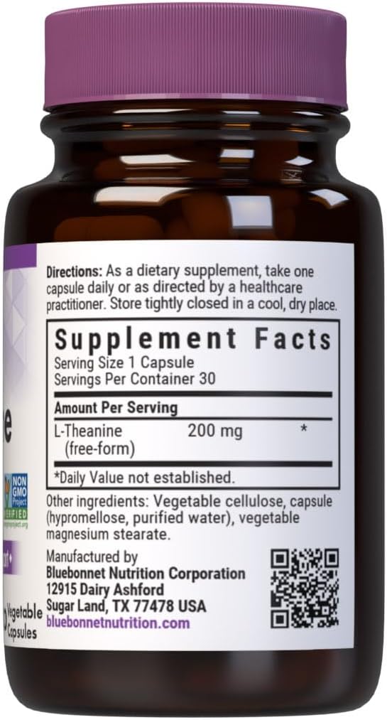 BlueBonnet L-Theanine 200mg Daily Nootropic Promotes Relaxation for Women & Men* - Free Form Amino Acid L Theanine Supplement - Non-GMO, Vegan, Gluten-Free - 30 Vegetable Capsules - görsel 2
