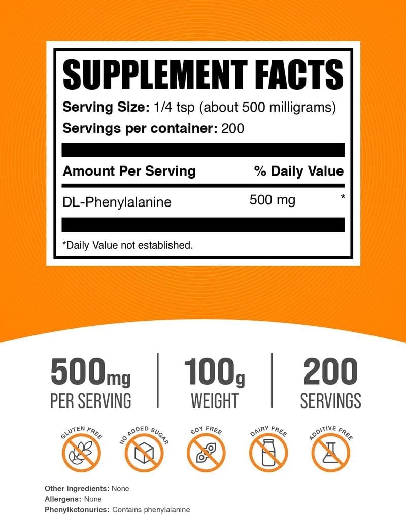 BulkSupplements.com DL-Phenylalanine Powder - DLPA Powder, Phenylalanine Supplement - Unflavoured & Gluten-free, 500mg per Serving, 100g - görsel 2