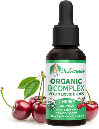 Organic Vitamin B Complex Liquid Drops | B Vitamins Complex with Methyl B12 for Adults & Kids | Vegan Cherry Flavour 30ml