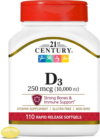 21st Century Vitamin D3 250 µg (10,000 IU) Rapid Release Softgels, 110 Count