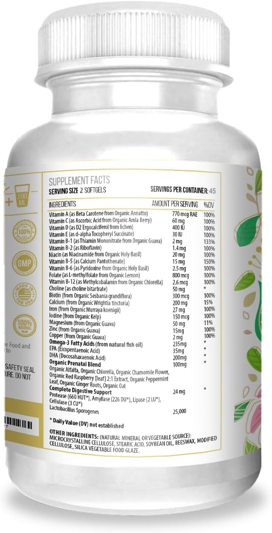 Actif Organic Prenatal Vitamin - 25+ Organic Vitamins, DHA, EPA, Omega-3, Choline - Non-GMO, 90 Capsules - görsel 2