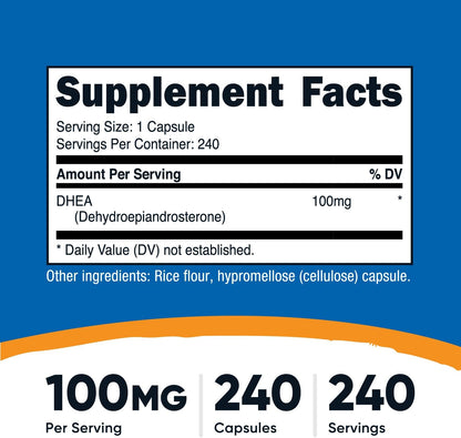 Nutricost DHEA 100mg, 240 Capsules - Gluten-free, Soya-free, Non-GM Supplement