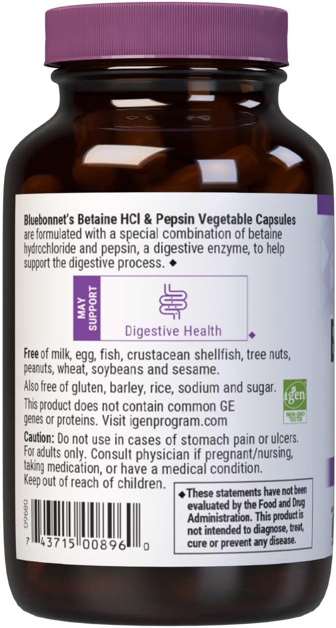 BlueBonnet Betaine HCl Plus Pepsin Vegetarian Capsules, 90 Capsules - görsel 3