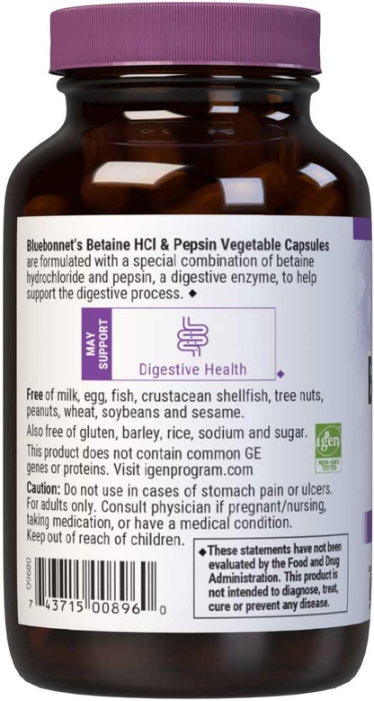 BlueBonnet Betaine HCl Plus Pepsin Vegetarian Capsules, 90 Capsules