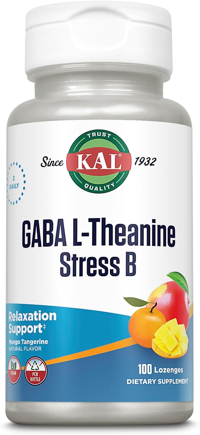KAL GABA L-Theanine Stress B Lozenge - B Complex Vitamin Supplement for Stress Relief, Mood and Focus Support, Natural Mango Tangerine Flavour, Vegan, 100 Lozenges - görsel 1