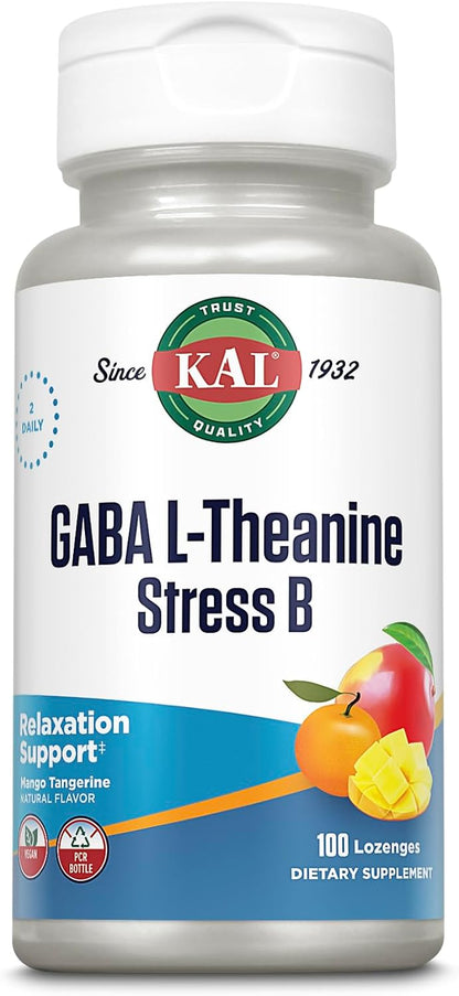 KAL GABA L-Theanine Stress B Lozenge - B Complex Vitamin Supplement for Stress Relief, Mood and Focus Support, Natural Mango Tangerine Flavour, Vegan, 100 Lozenges
