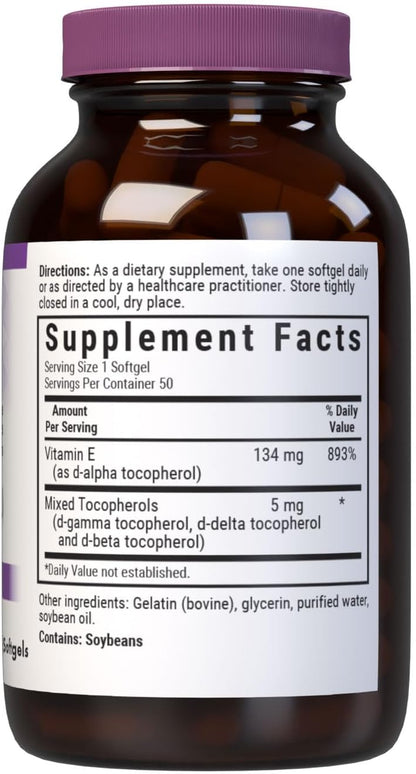 Bluebonnet Vitamin E 200 IU Mixed Tocopherols Food Supplement, 50 Softgels
