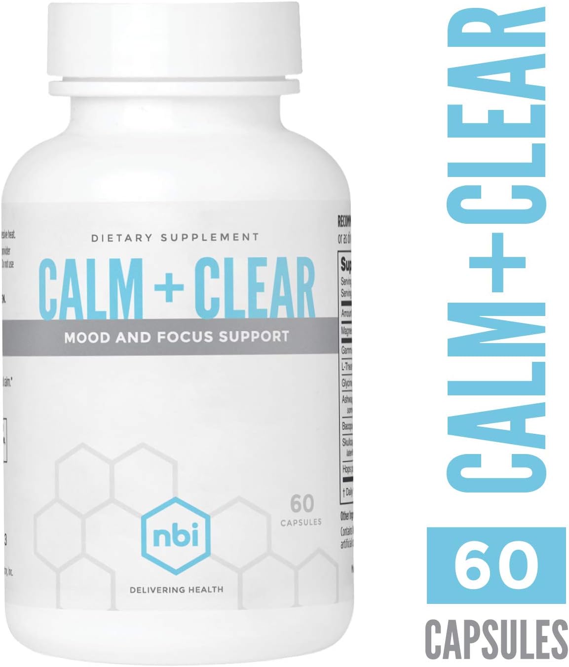 NBI Calm + Clear - Mood and Focus Support - Natural Stress and Mood Support with Magnesium, GABA, Ashwagandha, L-Theanine, Glycine, Bacopa, Skullcap, and Hops Powder - 60 Capsules - görsel 4