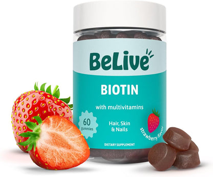 BeLive Biotin Gummies with Multivitamins, Folate & Inositol – Vegan, Pectin Based – Strawberry Flavour
