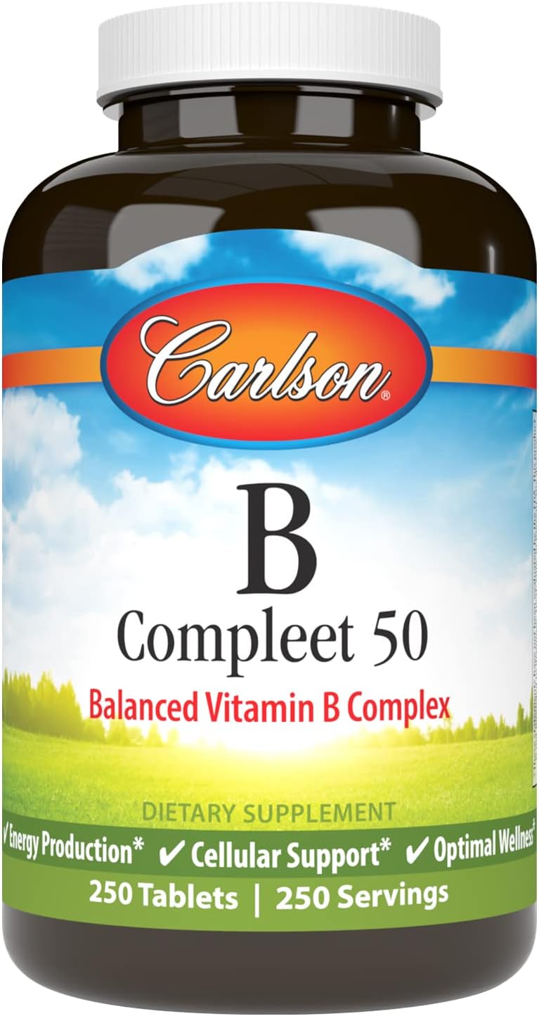 Carlson - B Compleet 50, Balanced Vitamin B Complex, Energy Production, Cellular Support & Optimal Wellness, 250 Tablets - görsel 1