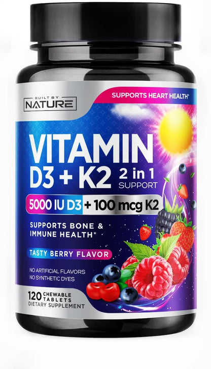 Vitamin D3 K2 Chewable, 5000 IU & K2 MK-7 100 mcg, 120 Tablets | 2-in-1 Supplement for Immune, Heart & Bone Support, Non-GM, Berry Flavour