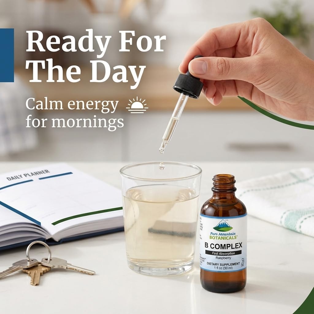 Pure Mountain Botanicals Liquid Vitamin B Complex - B12 B6 Drops - Raspberry Flavour - Kosher Non-GMO - 30 Servings - görsel 7