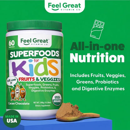 Feel Great USDA Organic Super Greens Powder for Kids – Cocoa Chocolate | Fruit and Vegetable Supplement with Probiotics & Digestive Enzymes