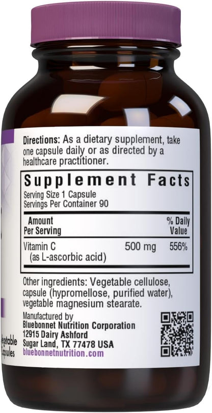 Bluebonnet Nutrition Vitamin C 500 mg – Ascorbic Acid – Immune & Skin Health – 90 Vegetable Capsules