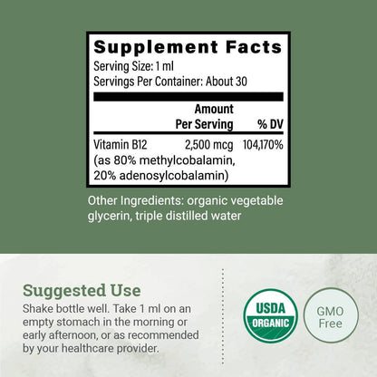 Earth Harmony Naturals USDA Organic Vitamin B12 2000mcg Sublingual Liquid Drops (2-Pack) - Vegan Methylcobalamin for Energy Metabolism Support - 30ml Each
