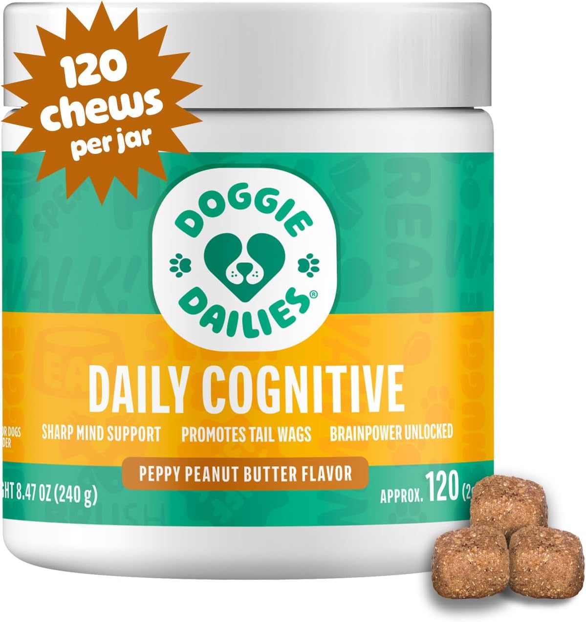 Doggie Dailies Cognitive Puppy Chews – Supplement with DHA, Selenium, Organic Ashwagandha & Antioxidants – Peanut Butter Flavour – 120 Soft Chews - görsel 1