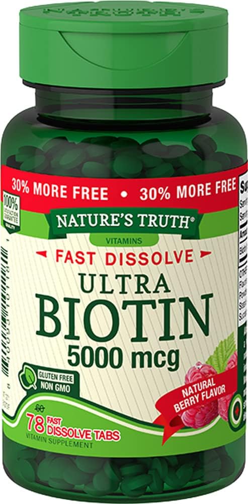 Nature's Truth Biotin 5000mcg Fast Dissolve Tablets, Natural Berry Flavour, 78 Tablets (Pack of 3) - görsel 1