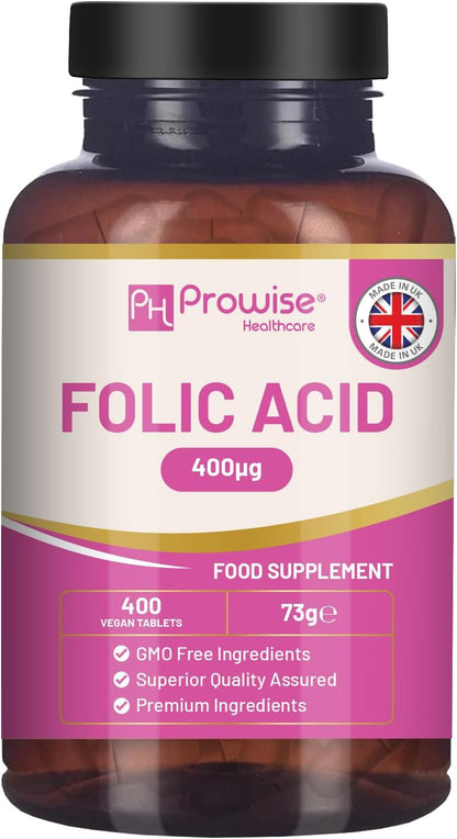 Folic Acid Tablets 400 mcg - 400 Vegan Vitamin B9 Tablets | 13 Month Supply | Vitamin B9 Pregnancy Support | UK Made – Prowise