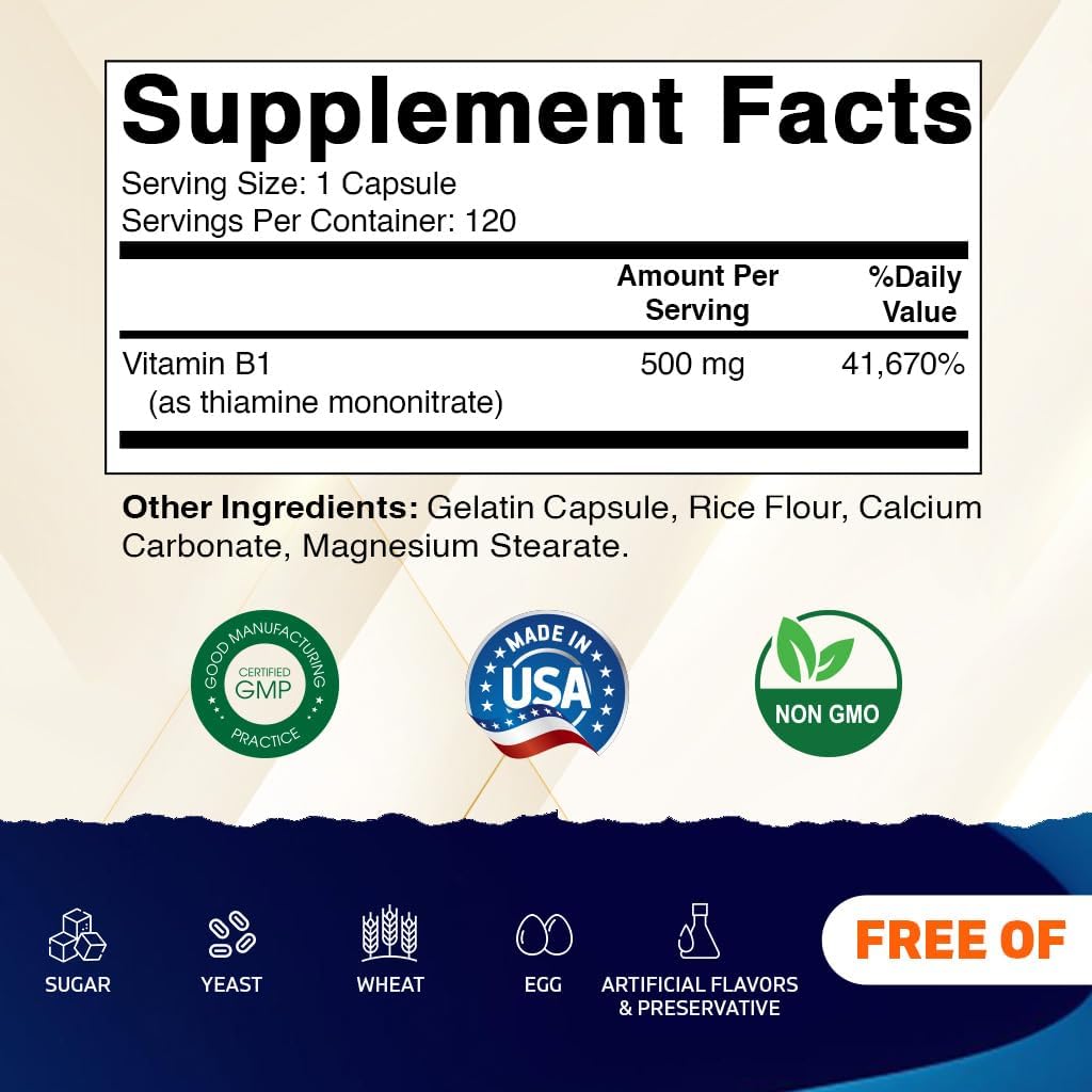 Vitamatic Vitamin B1 (Thiamine Mononitrate) 500 mg, 120 Capsules – Contributes to Nervous System and Energy Metabolism – Image 2