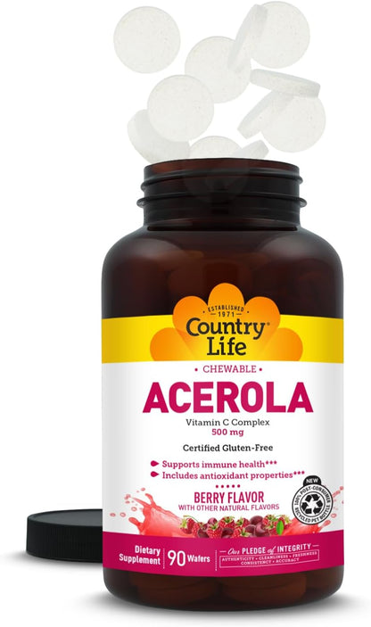 Country Life Acerola Vitamin C Complex 500mg, Berry Flavour Chewable Wafers with Citrus Bioflavonoids & Rose Hips, for Immune Health and Antioxidant Support, Gluten Free, Vegan, 90 Wafers