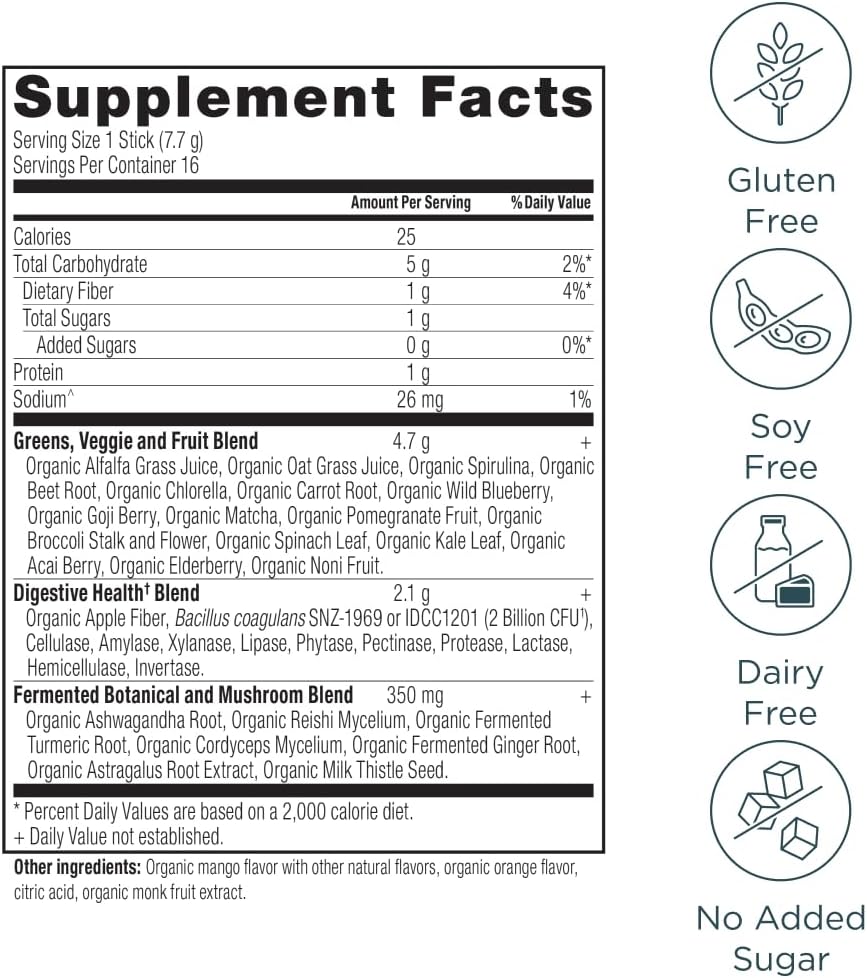 Ancient Nutrition SuperGreens Powder with Probiotics, Organic Mango Flavour, 16 Stick Packs - görsel 2