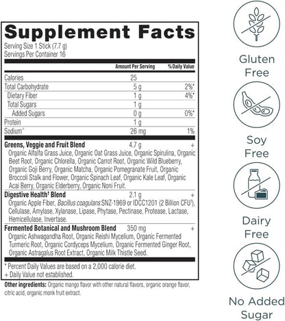 Ancient Nutrition SuperGreens Powder with Probiotics, Organic Mango Flavour, 16 Stick Packs