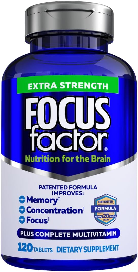 Focus Factor Adults Extra Strength, 120 Tablets - Brain Supplement for Memory, Concentration and Focus - Complete Multivitamin with DMAE, Vitamin D, DHA - Trusted Health Supplements - görsel 1