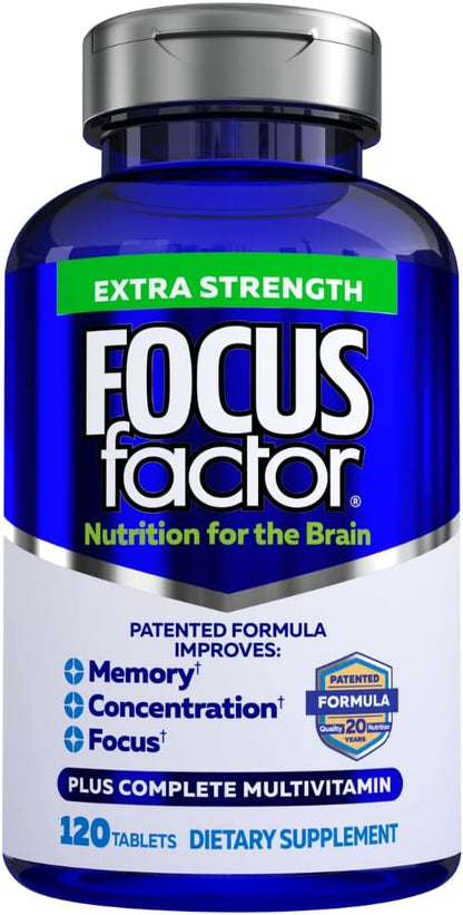 Focus Factor Adults Extra Strength, 120 Tablets - Brain Supplement for Memory, Concentration and Focus - Complete Multivitamin with DMAE, Vitamin D, DHA - Trusted Health Supplements