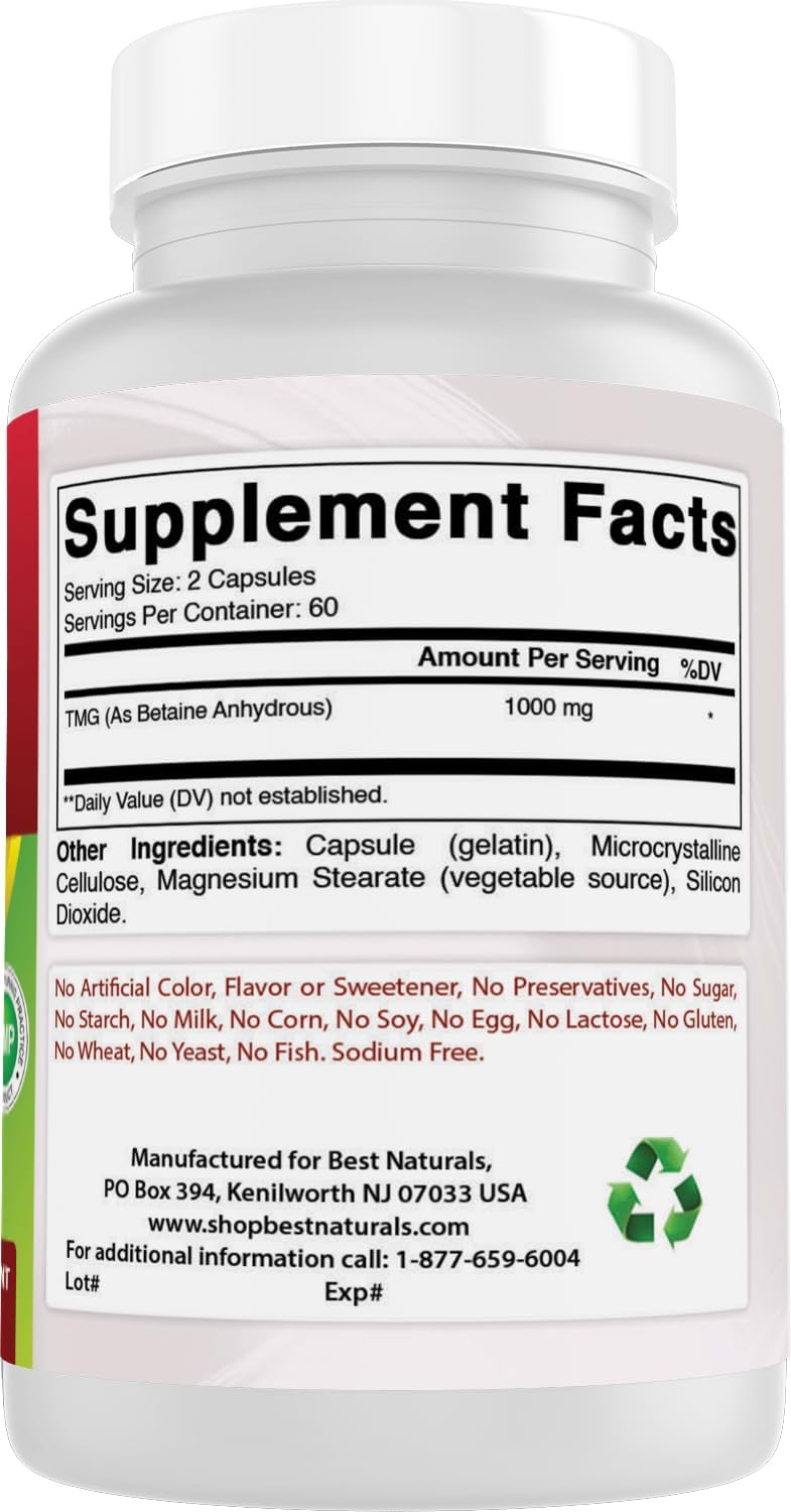 Best Naturals TMG (Trimethylglycine) Betaine Anhydrous 1000 mg, 120 Capsules (Pack of 3) - görsel 6
