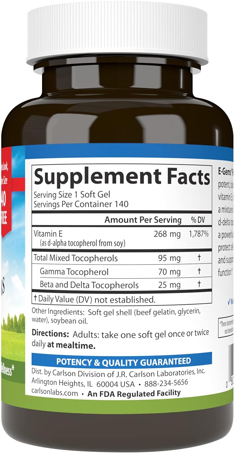Carlson - E-Gems Plus, 400 IU (268 mg), Natural-Source Vitamin E, Optimal Wellness, 140 Soft Gels - görsel 2