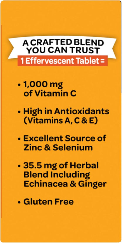 Airborne Vitamin C 1000mg Effervescent Tablets - Zesty Orange Flavour - 36 Tablets - Immune Support with Vitamins A, C, E, Zinc, Selenium, Echinacea & Ginger - Gluten-free
