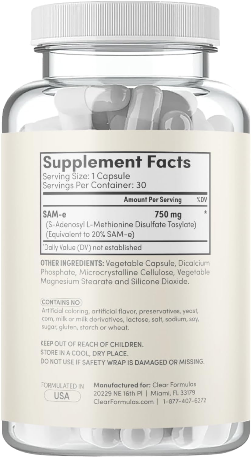 Clear Formulae Bioactive SAM-e 750mg - High Strength SAM-e Supplement with Biologically Active S,S Form for Liver and Mood Support - Vegan, Non-GMO, Preservative-Free - 30 Capsules - görsel 3