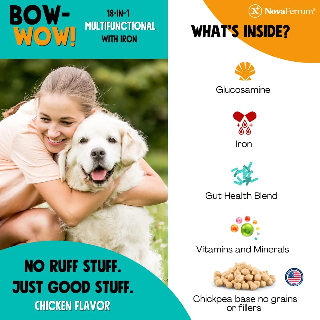 NovaFerrum Bow Wow 18-in-1 Multifunctional Dog Supplement with Iron, Glucosamine, Probiotics & Antioxidants, Chicken Flavour, 90 Chews - görsel 6