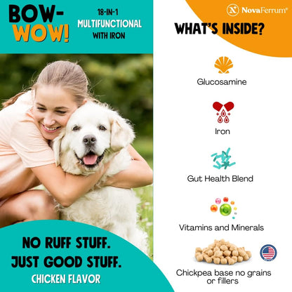 NovaFerrum Bow Wow 18-in-1 Multifunctional Dog Supplement with Iron, Glucosamine, Probiotics & Antioxidants, Chicken Flavour, 90 Chews