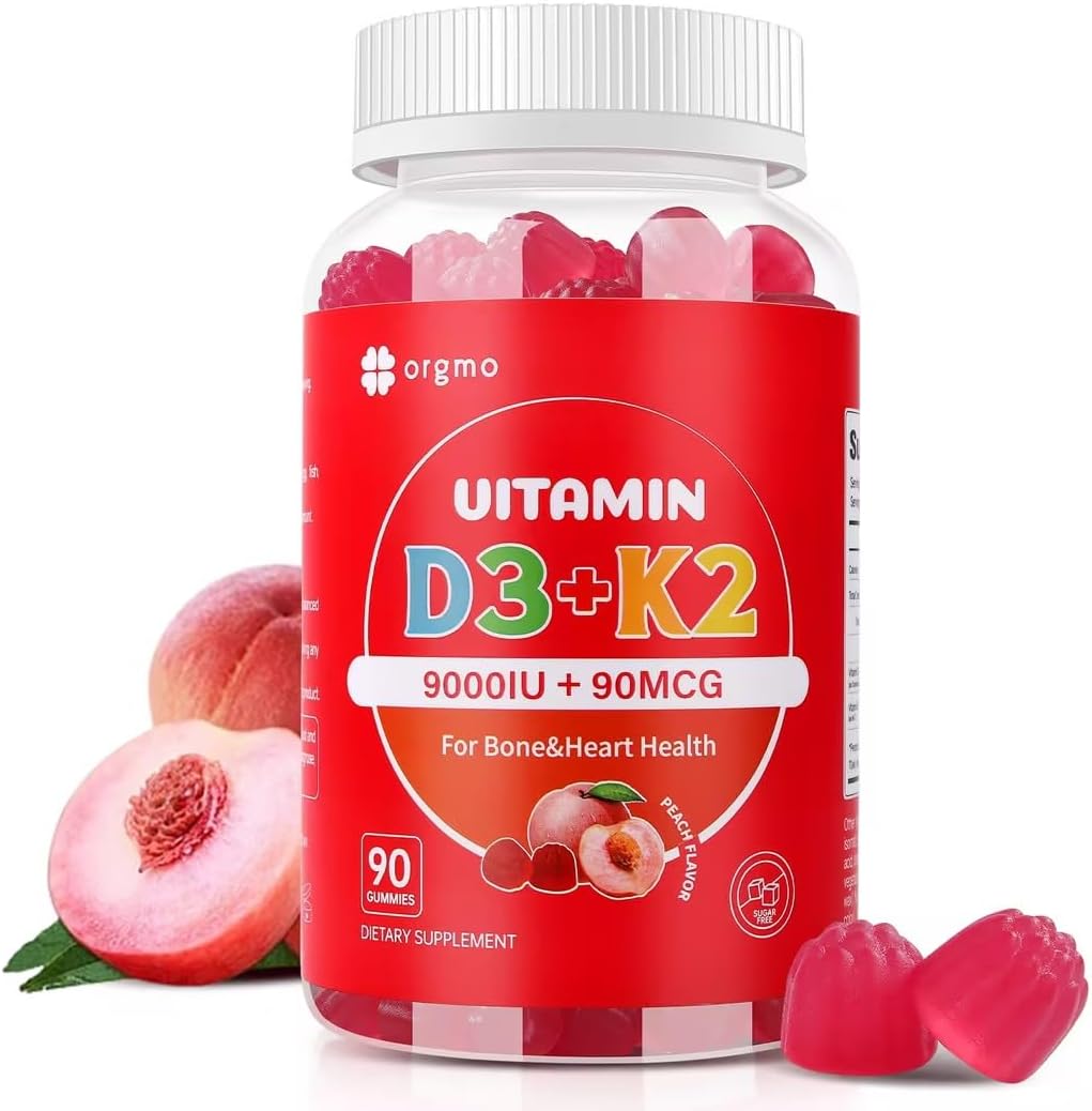 ORGMO Vitamin D3 K2 Gummies - 9000 IU D3 + 90 mcg MK-7 - Vegan, Sugar-Free, Peach Flavour - 90 Count - görsel 1
