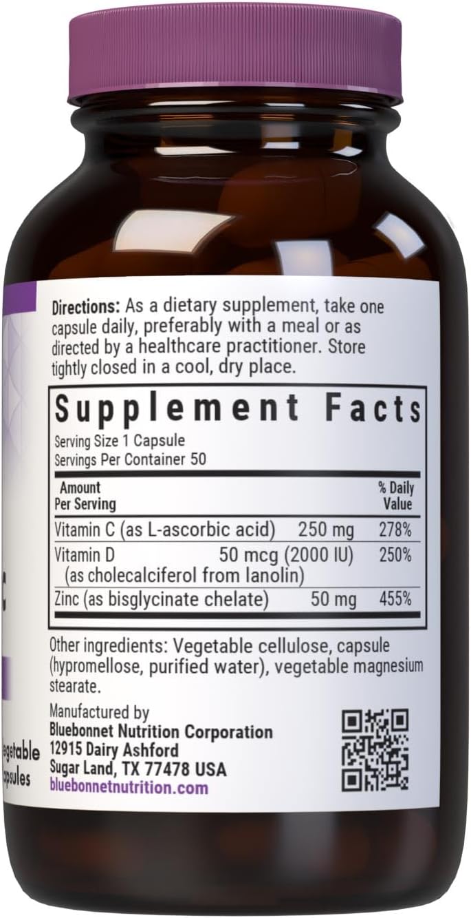 BlueBonnet Nutrition Vitamin C, D3 & Zinc - Immune Support, 50 Vegetable Capsules - görsel 2