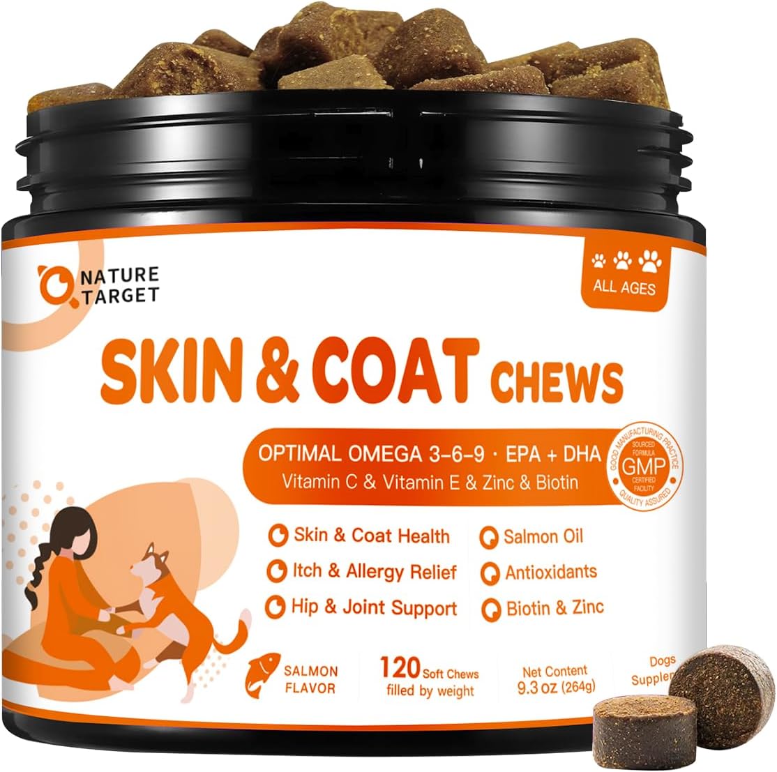 NATURE TARGET Omega-3 Fish Oil for Dogs, Salmon Flavour - 120 Soft Chews with EPA, DHA, Zinc, Biotin, Vitamin E and C - görsel 1