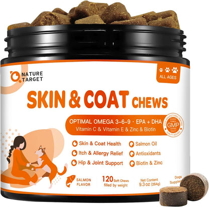NATURE TARGET Omega-3 Fish Oil for Dogs, Salmon Flavour - 120 Soft Chews with EPA, DHA, Zinc, Biotin, Vitamin E and C