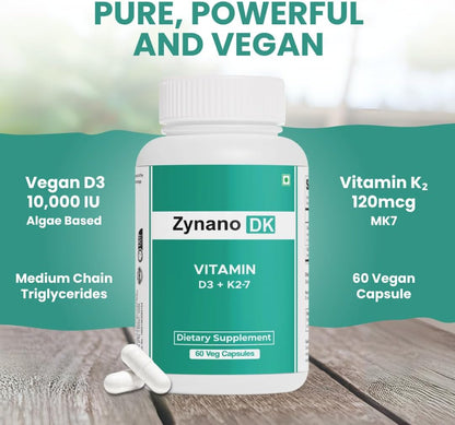 DK | Vegan Vitamin D3 10,000 IU, Vitamin K2 120 mcg with MCT Powder, Vegetarian Vitamin D3 K2 for Women and Men, Lichen Vitamin D3 - 60 Gluten-free Capsules