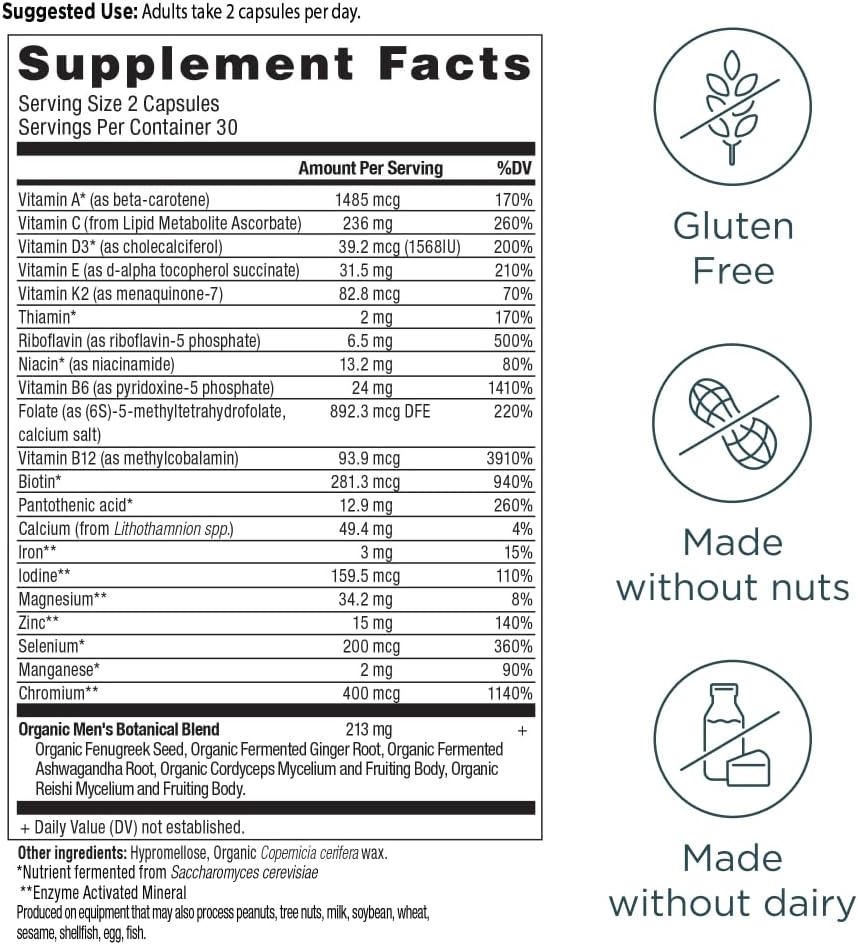 Ancient Nutrition Men's Multivitamin - Fermented Whole Food with Methylated Vitamins, 60 Capsules - görsel 3