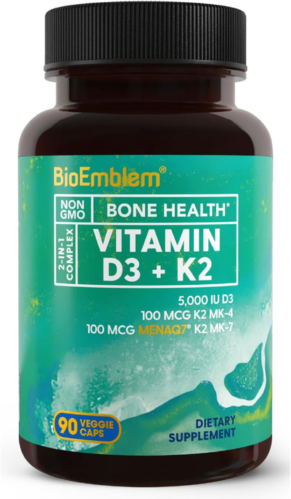 BioEmblem Vitamin D3 K2 Capsules (5000IU and 200mcg) – Patented MK7 and MK4 for Comprehensive Support – Vegetarian, Non-GMO, 90 Capsules