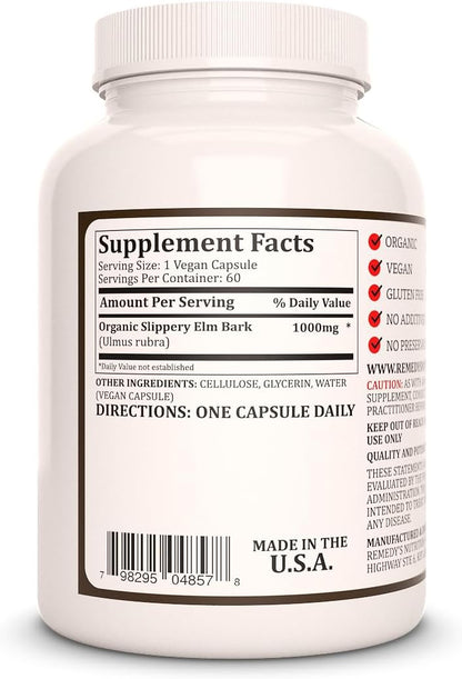 Remedy's Nutrition Slippery Elm Bark | 1,000 mg, 60 Vegan Capsules