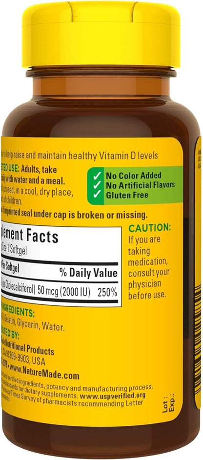 Nature Made Vitamin D3 2000 IU (50 µg) Liquid Softgels, 2-Pack (180 Softgels)