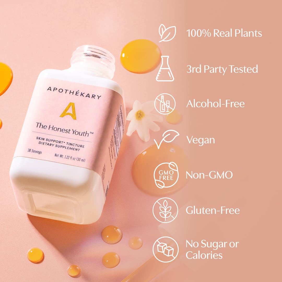 Apothékary The Honest Youth, Collagen & Skin Support Herbal Liquid Drops, Traditionally Used to Support Skin Radiance with Reishi and Tremella Mushroom, Vegan, Gluten-free, 30 ml, 30 Servings - görsel 5